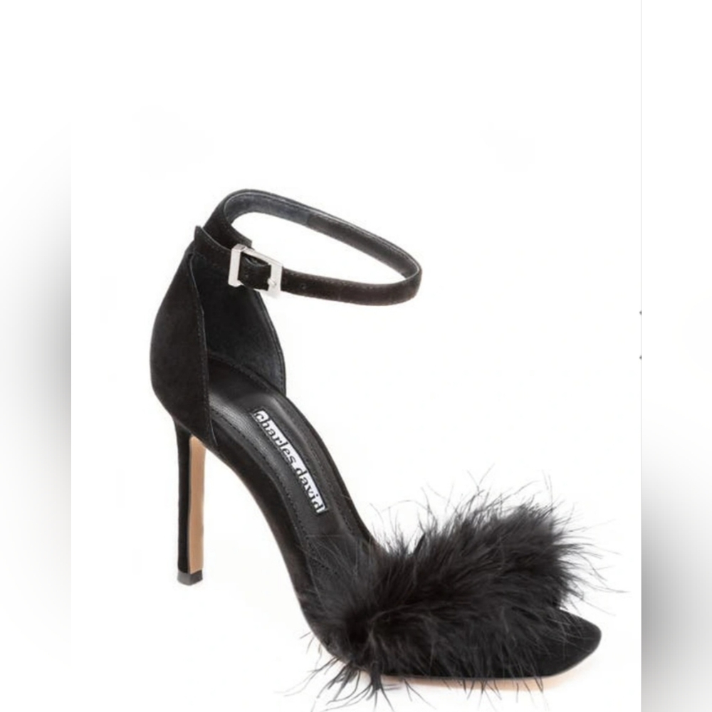 CHARLES DAVID ESQUIRE FEATHER ANKLE STRAP SANDALS SUEDE.